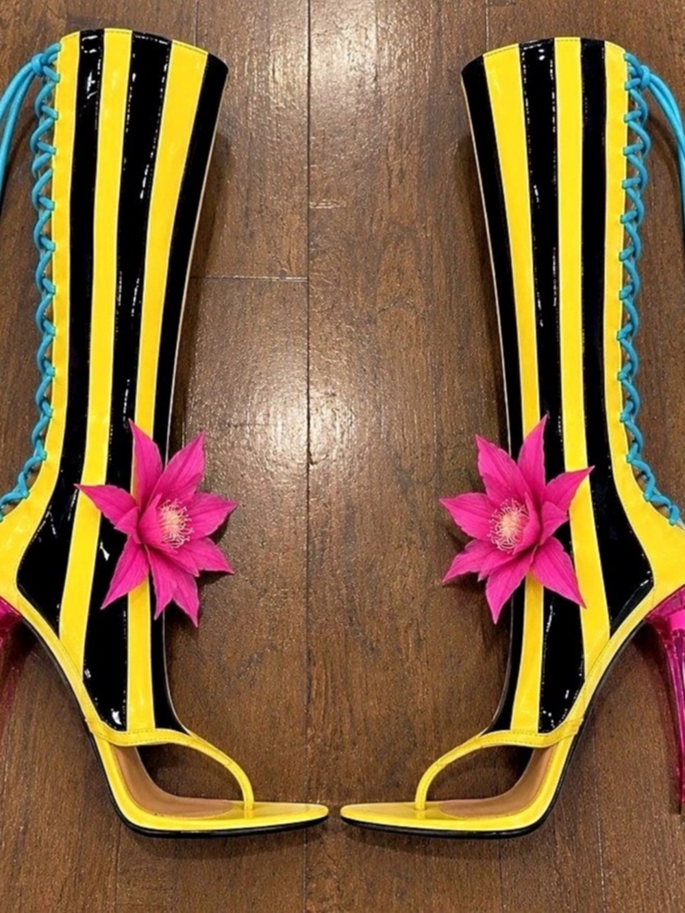 Striped Floral Over-the-Knee Heels in Yellow & Black Like3